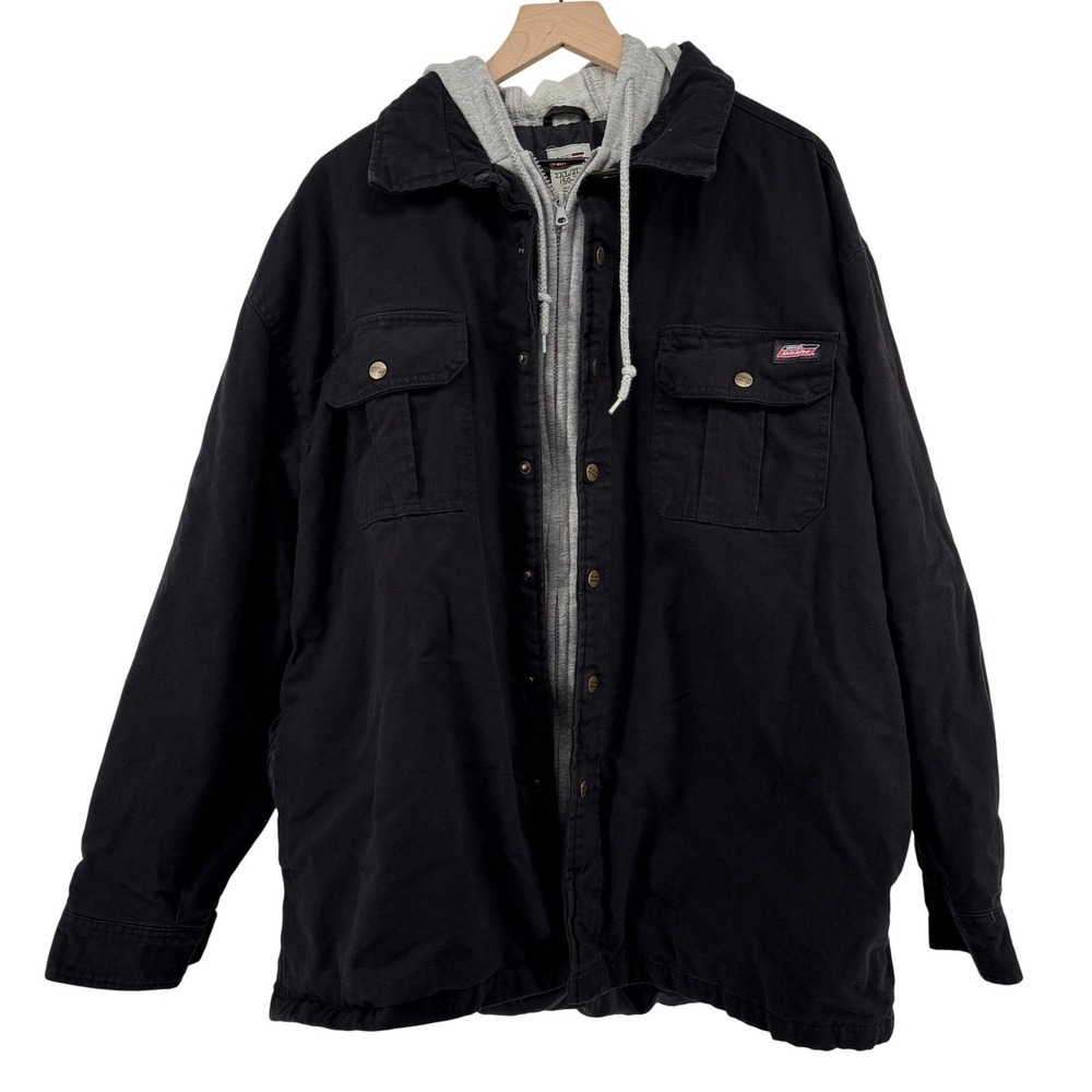 Dickies Relaxed Fit Icon Hooded Quilted Shirt Jacket Black Men 2XL Canvas Pocket